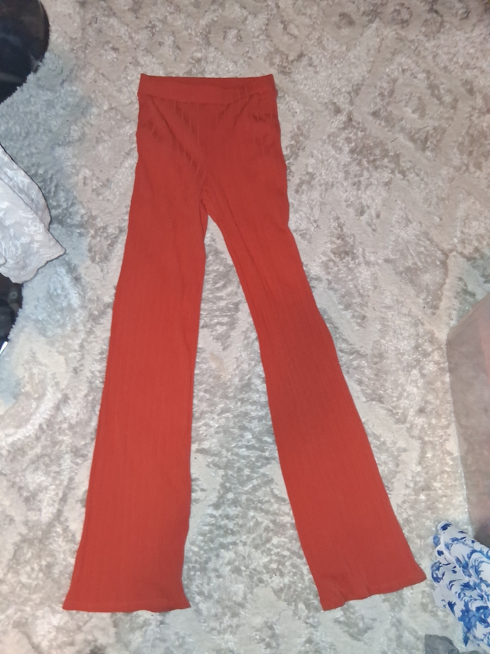 Ribbed High-Waist Flared Pants in Rust